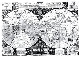 Verdenskort; Vera Totius Expeditionis Nauticae, der kortlægger jordomsejlingen af (venstre) Sir Francis Drake (1540-96) og (højre) Thomas Cavendish (1560-92) ca. 1595